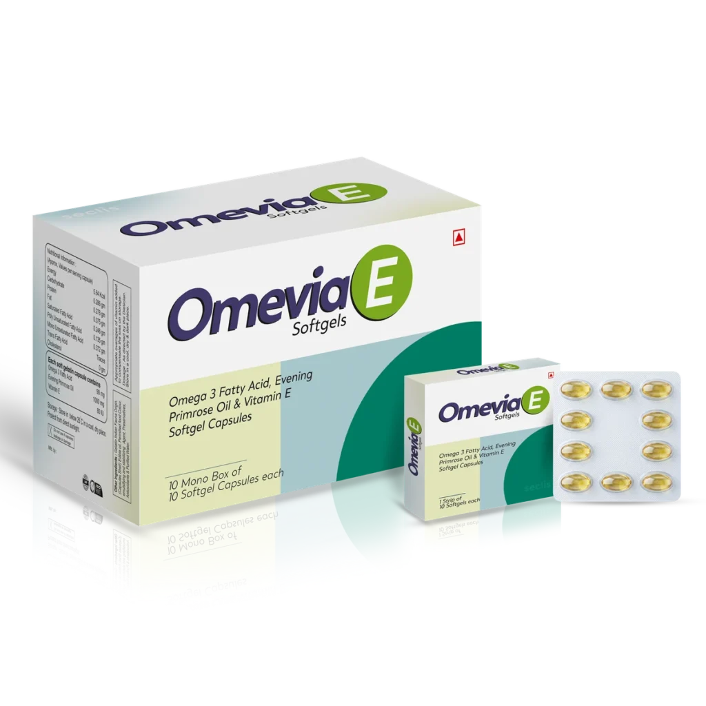 OMEVIA-E Soft Gelatin Capsules 10*1*10 pack shot