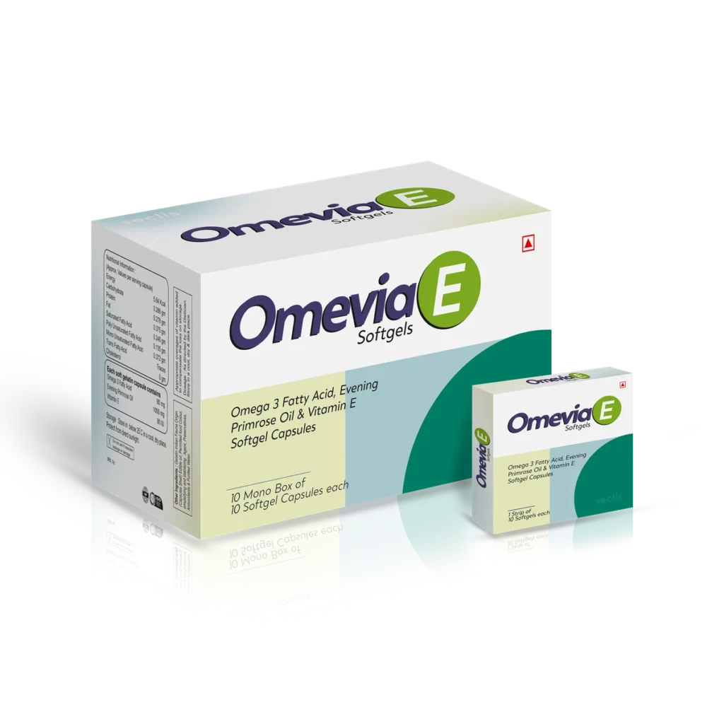 OMEVIA-E Soft Gelatin Capsules 10*1*10 carton pack shot