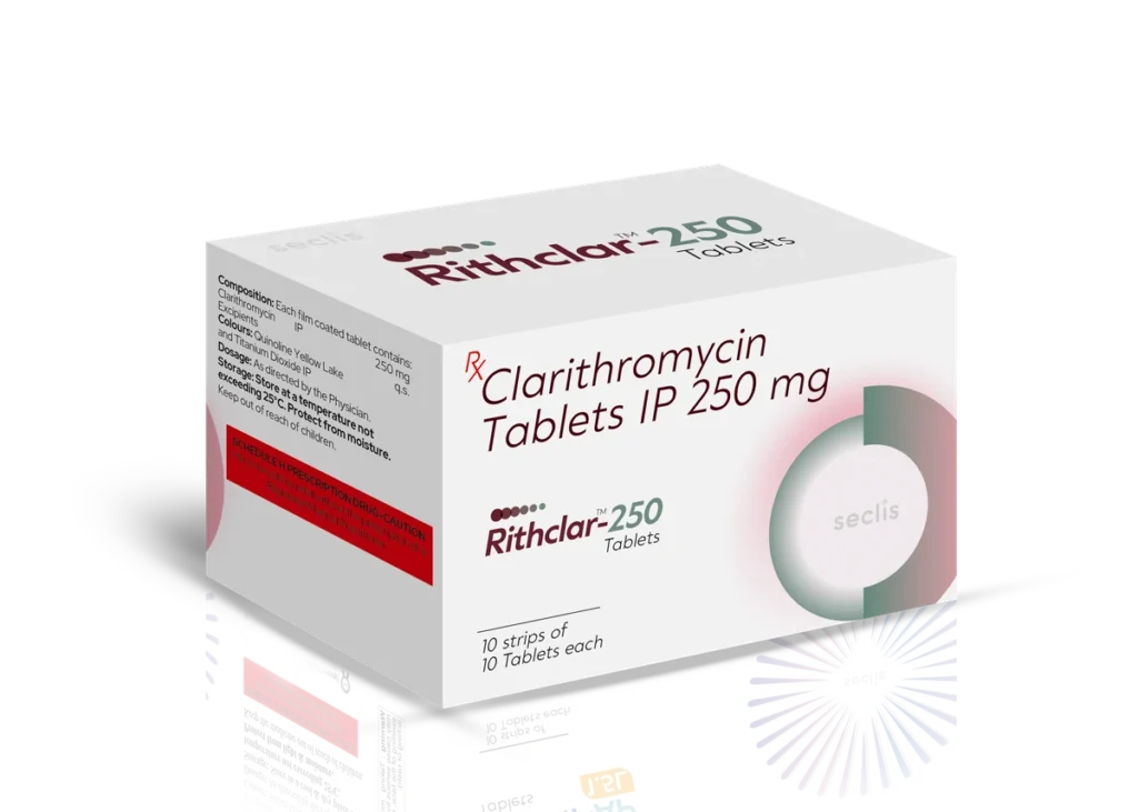 RITHCLAR™ 250 Tablets 10*10 BLI (YELLOW COLOR ABBOTT TYPE) carton pack shot