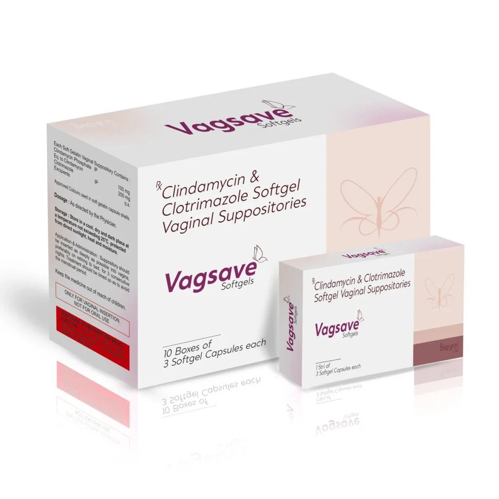 VAGSAVE Soft Gelatin Vaginal Capsules 10*1*3 without Applicator carton pack shot