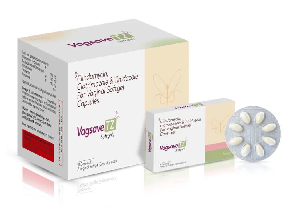 VAGSAVE TZ Soft Gelatin Vaginal Capsules 10*1*7 Blister with Applicator pack shot