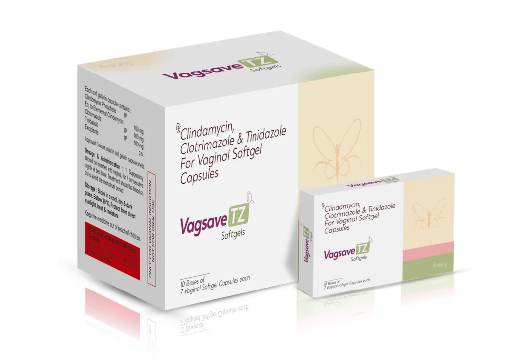 VAGSAVE TZ Soft Gelatin Vaginal Capsules 10*1*7 Blister with Applicator carton pack shot